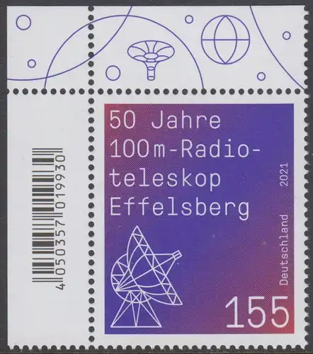 BUND 2021 Michel-Nummer 3599 postfrisch EINZELMARKE ECKRAND oben links
