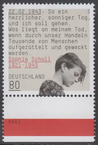 BUND 2021 Michel-Nummer 3606 postfrisch EINZELMARKE RAND unten 