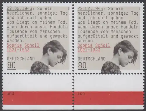 BUND 2021 Michel-Nummer 3606 postfrisch horiz.PAAR RÄNDER unten 