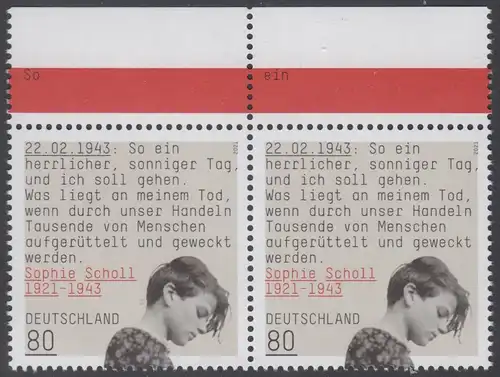 BUND 2021 Michel-Nummer 3606 postfrisch horiz.PAAR RÄNDER oben