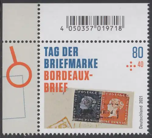 BUND 2021 Michel-Nummer 3623 postfrisch EINZELMARKE ECKRAND oben links
