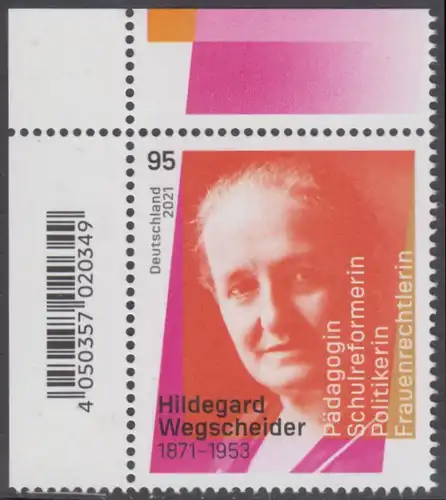 BUND 2021 Michel-Nummer 3625 postfrisch EINZELMARKE ECKRAND oben links 