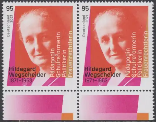 BUND 2021 Michel-Nummer 3625 postfrisch horiz.PAAR RÄNDER unten 