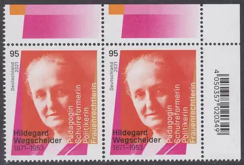 BUND 2021 Michel-Nummer 3625 postfrisch horiz.PAAR ECKRAND oben rechts