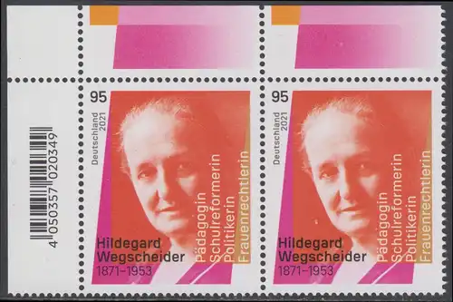 BUND 2021 Michel-Nummer 3625 postfrisch horiz.PAAR ECKRAND oben links