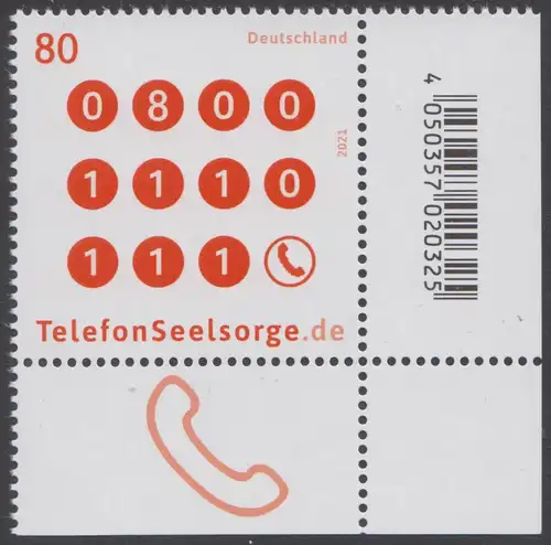 BUND 2021 Michel-Nummer 3627 postfrisch EINZELMARKE ECKRAND unten rechts