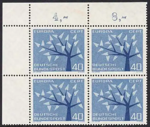 BUND 1962 Michel-Nummer 0384 postfrisch BLOCK ECKRAND oben links (a2)