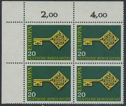 BUND 1968 Michel-Nummer 0559 postfrisch BLOCK ECKRAND oben links