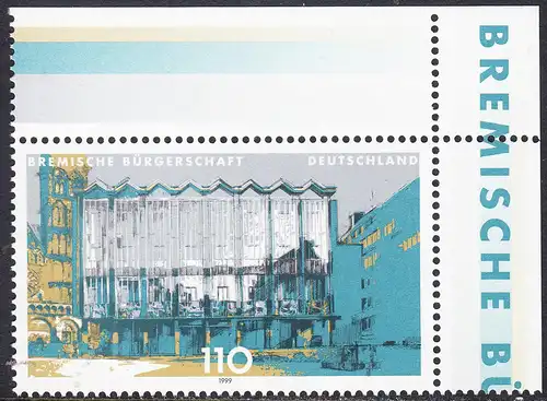 BUND 1999 Michel-Nummer 2040 postfrisch EINZELMARKE ECKRAND oben rechts
