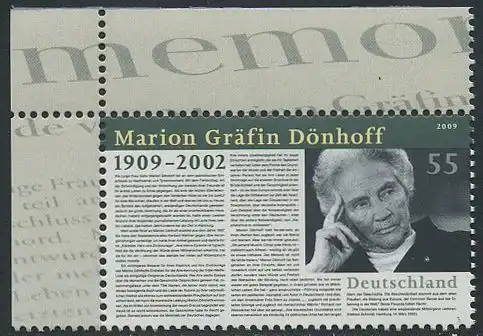 BUND 2009 Michel-Nummer 2766 postfrisch EINZELMARKE ECKRAND oben links