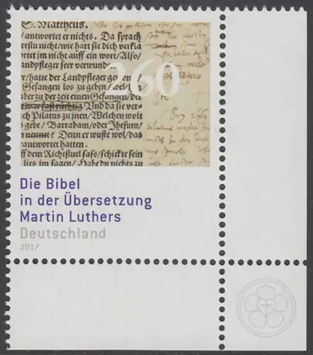 BUND 2017 Michel-Nummer 3277 postfrisch EINZELMARKE ECKRAND unten rechts