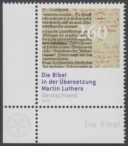 BUND 2017 Michel-Nummer 3277 postfrisch EINZELMARKE ECKRAND unten links