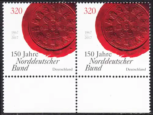 BUND 2017 Michel-Nummer 3321 postfrisch horiz.PAAR RÄNDER unten
