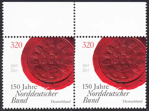 BUND 2017 Michel-Nummer 3321 postfrisch horiz.PAAR RÄNDER oben