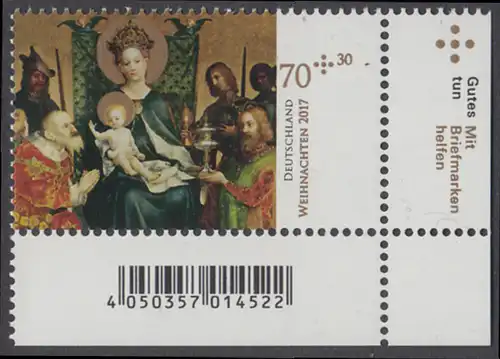 BUND 2017 Michel-Nummer 3340 postfrisch EINZELMARKE ECKRAND unten rechts