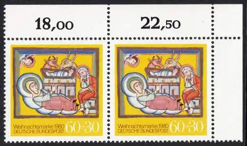 BUND 1980 Michel-Nummer 1066 postfrisch horiz.PAAR ECKRAND oben rechts