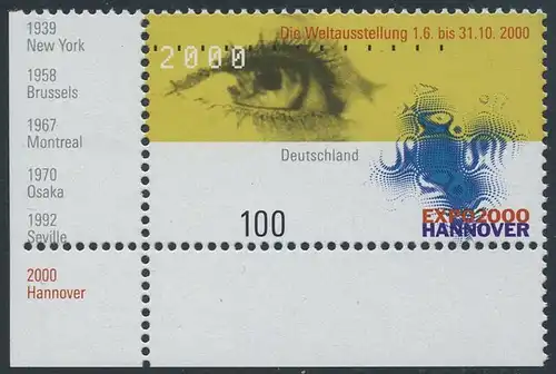 BUND 2000 Michel-Nummer 2089 postfrisch EINZELMARKE ECKRAND unten links