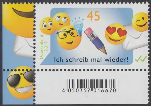 BUND 2019 Michel-Nummer 3458 postfrisch EINZELMARKE ECKRAND unten links