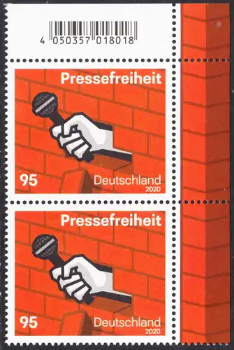 BUND 2020 Michel-Nummer 3515 postfrisch vert.PAAR ECKRAND oben rechts