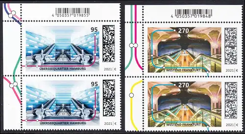 BUND 2021 Michel-Nummer 3593-3594 postfrisch SATZ(2) vert.PAARE ECKRÄNDER oben links 