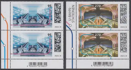 BUND 2021 Michel-Nummer 3593-3594 postfrisch SATZ(2) vert.PAARE ECKRÄNDER unten links 