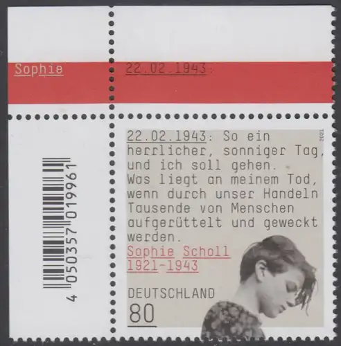 BUND 2021 Michel-Nummer 3606 postfrisch EINZELMARKE ECKRAND oben links