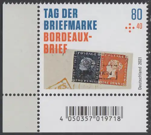 BUND 2021 Michel-Nummer 3623 postfrisch EINZELMARKE ECKRAND unten links