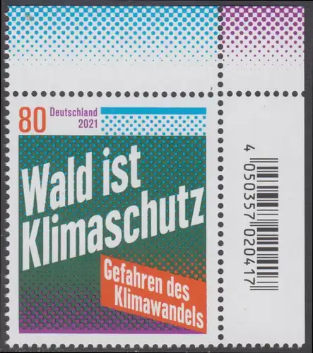 BUND 2021 Michel-Nummer 3634 postfrisch EINZELMARKE ECKRAND oben rechts