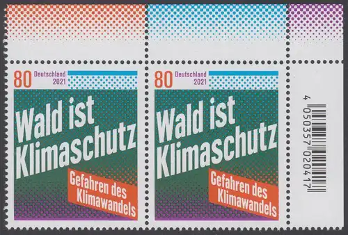 BUND 2021 Michel-Nummer 3634 postfrisch horiz.PAAR ECKRAND oben rechts