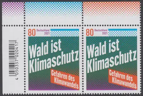 BUND 2021 Michel-Nummer 3634 postfrisch horiz.PAAR ECKRAND oben links