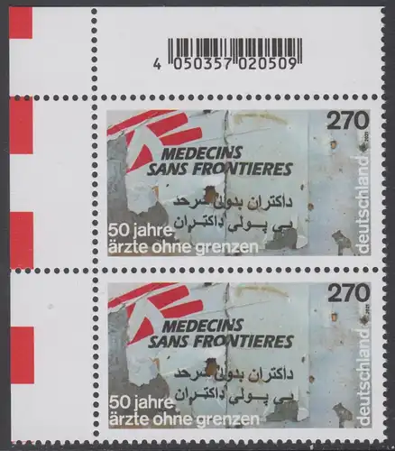 BUND 2021 Michel-Nummer 3650 postfrisch vert.PAAR ECKRAND oben links