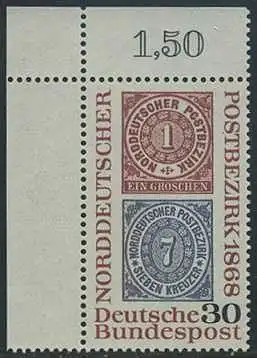 BUND 1968 Michel-Nummer 0569 postfrisch EINZELMARKE ECKRAND oben links
