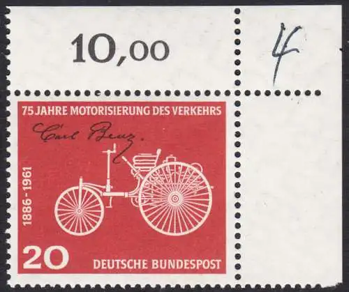 BUND 1961 Michel-Nummer 0364 postfrisch EINZELMARKE ECKRAND oben rechts