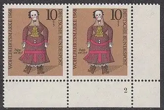 BUND 1968 Michel-Nummer 0571 postfrisch horiz.PAAR ECKRAND unten rechts m/ Formnummer