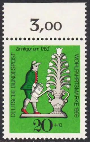 BUND 1969 Michel-Nummer 0605 postfrisch EINZELMARKE RAND oben (a1)