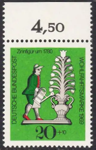 BUND 1969 Michel-Nummer 0605 postfrisch EINZELMARKE RAND oben (a2)