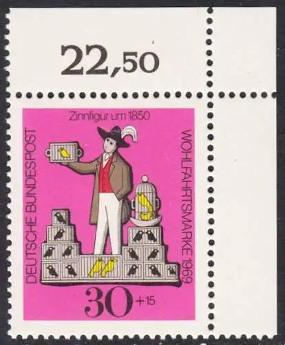 BUND 1969 Michel-Nummer 0606 postfrisch EINZELMARKE ECKRAND oben rechts (b)