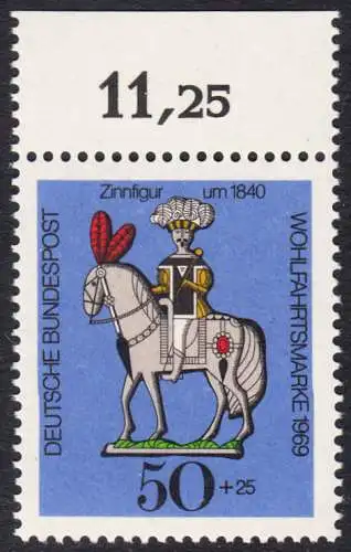 BUND 1969 Michel-Nummer 0607 postfrisch EINZELMARKE RAND oben (a2)