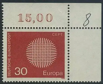 BUND 1970 Michel-Nummer 0621 postfrisch EINZELMARLE ECKRAND oben rechts