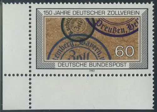 BUND 1983 Michel-Nummer 1195 postfrisch EINZELMARKE ECKRAND unten links
