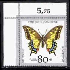 BUND 1991 Michel-Nummer 1516 postfrisch EINZELMARKE ECKRAND oben links