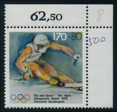 BUND 1992 Michel-Nummer 1595 postfrisch EINZELMARKE ECKRAND oben rechts (a)