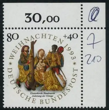 BUND 1993 Michel-Nummer 1707 postfrisch EINZELMARKE ECKRAND oben rechts
