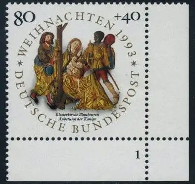 BUND 1993 Michel-Nummer 1707 postfrisch EINZELMARKE ECKRAND unten rechts m/ Formnummer