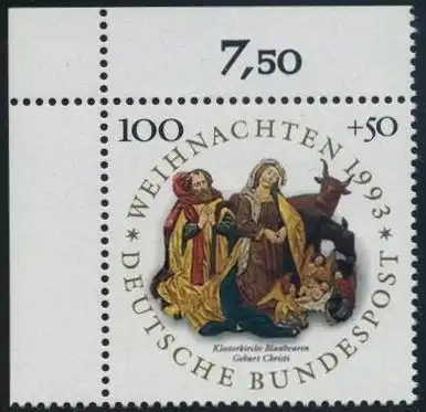 BUND 1993 Michel-Nummer 1708 postfrisch EINZELMARKE ECKRAND oben links