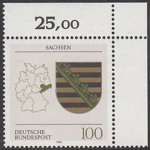 BUND 1994 Michel-Nummer 1713 postfrisch EINZELMARKE ECKRAND oben rechts (a)