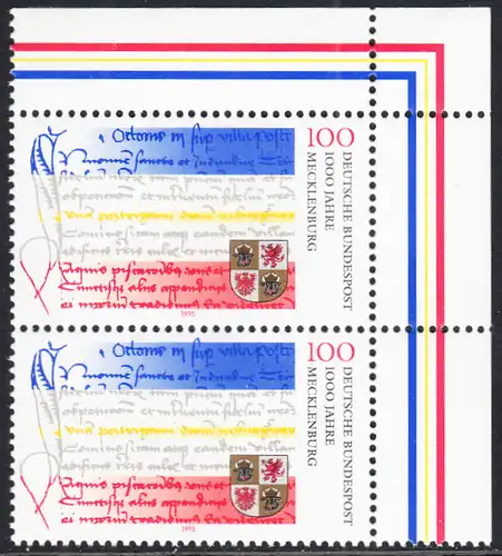 BUND 1995 Michel-Nummer 1782 postfrisch vert.PAAR ECKRAND oben rechts