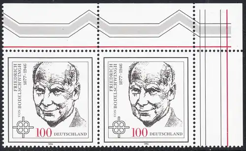 BUND 1996 Michel-Nummer 1835 postfrisch horiz.PAAR ECKRAND oben rechts