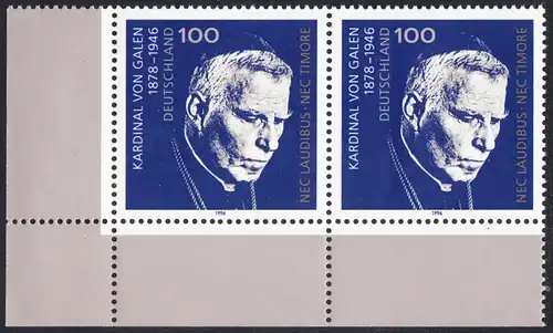 BUND 1996 Michel-Nummer 1848 postfrisch horiz.PAAR ECKRAND unten links