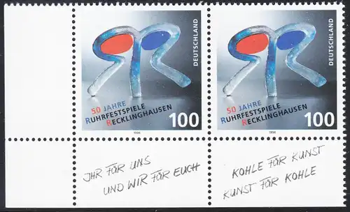 BUND 1996 Michel-Nummer 1859 postfrisch horiz.PAAR ECKRAND unten links